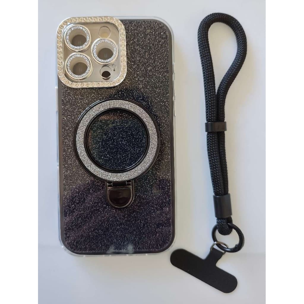 Capinha de silicone flexível anti‑choque, compatível com iPhone 13/14/15/16 Pro Max. Com glitter, strass, suporte
