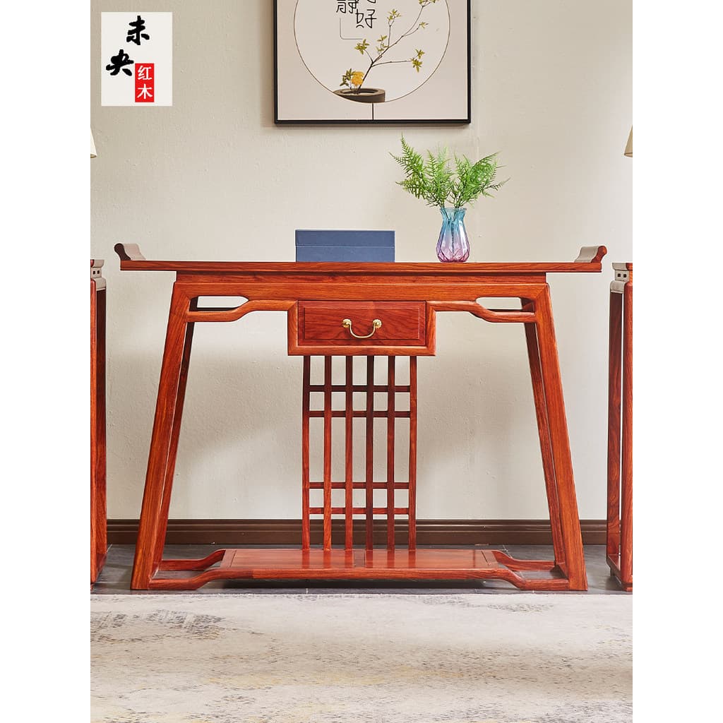 Mesa de entrada de mogno, mesa de entrada de sândalo vermelho, tira de madeira sólida, novo estilo chinês, mesa de forne