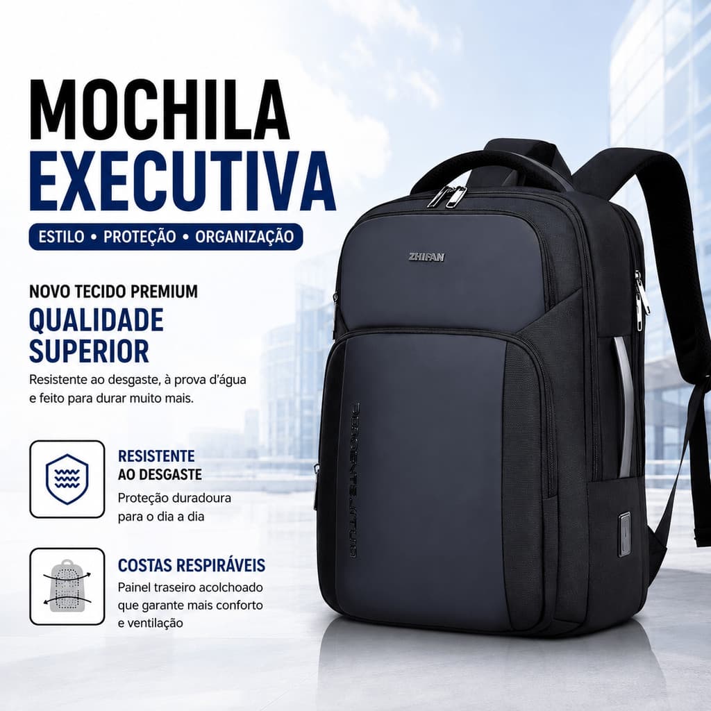 Mochila Executiva Premium em Oxford para Notebook 16 polegadas, Material Impermeável para Uso Diário