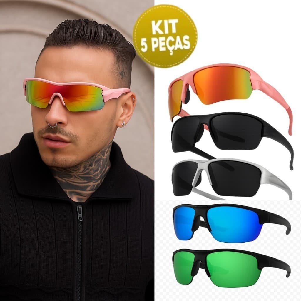 Kit 5 Óculos de Sol Esportivo Premium UV400 Masculino Feminino – Lentes Espelhadas Cores Sortidas