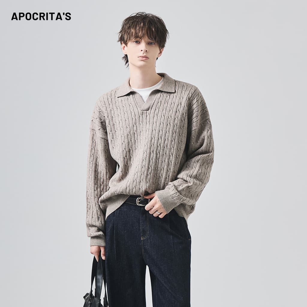 Roupas Masculinas|Camisola masculina feminina outono inverno High-End solto preguiçoso polo lapela torcido camisola de m