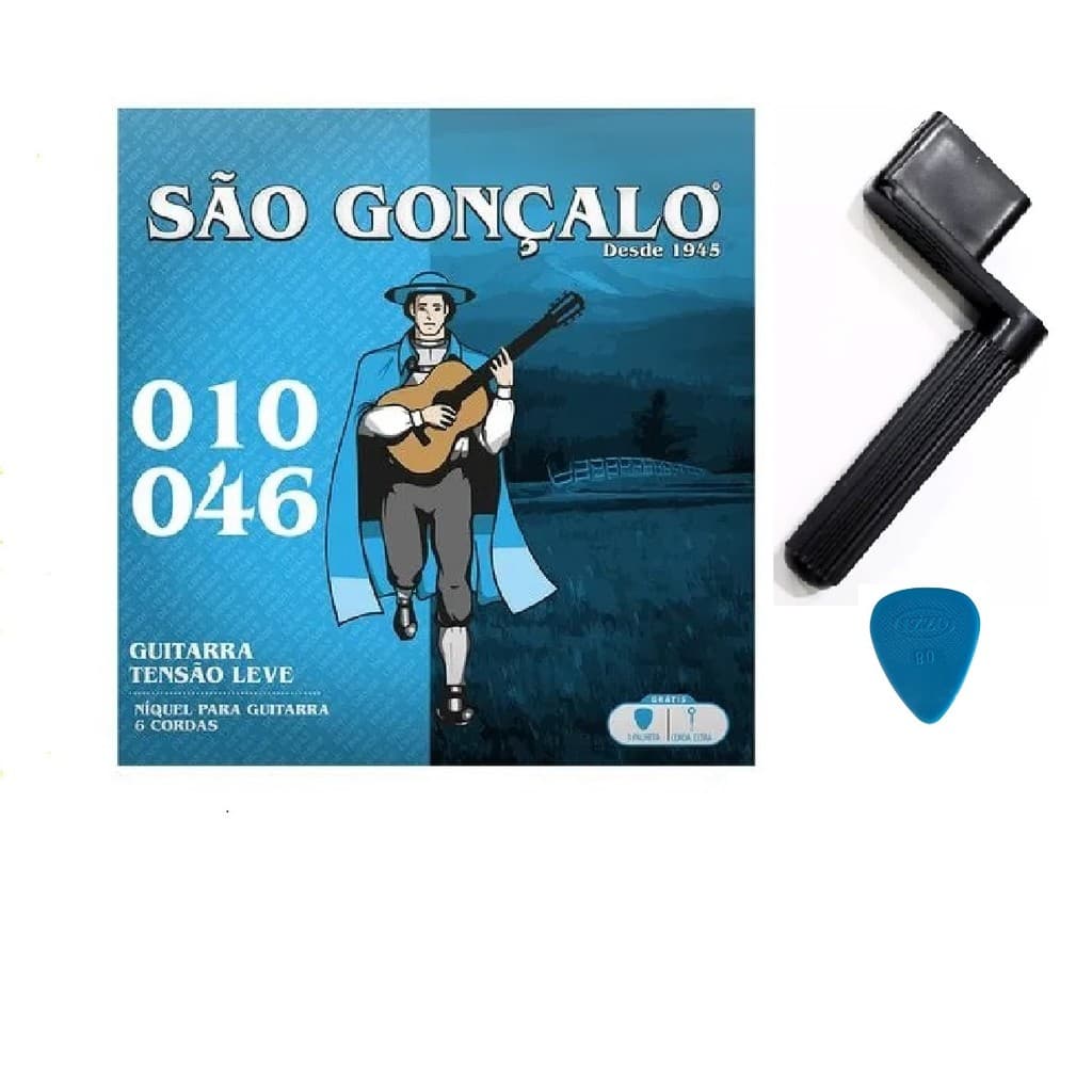ENCORDOADOR ENROLADOR DE CORDA + ENCORDOAMENTO GUITARRA SÃO GONÇALO 010 COM BOLINHA + MI EXTRA + 1 PALHETA