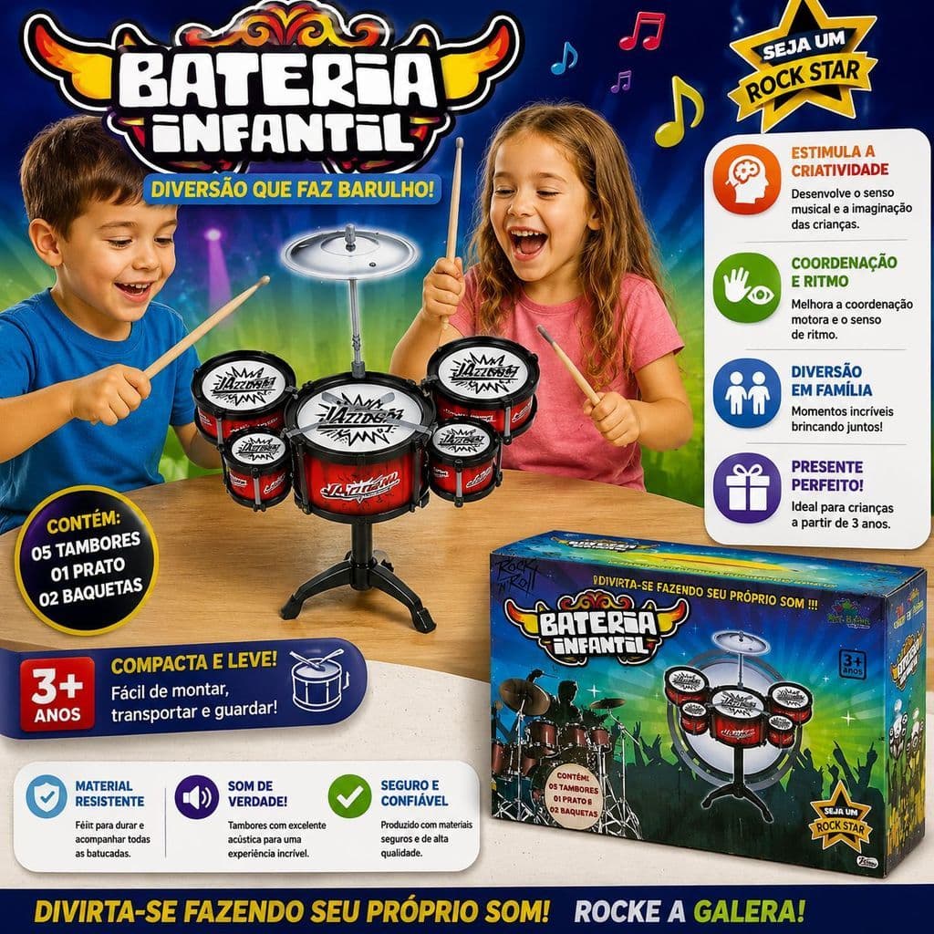 BATERIA MUSICAL INFANTIL PARA CRIANÇAS ROCK STAR 5 TAMBORES ART BRINK ORIGINAL