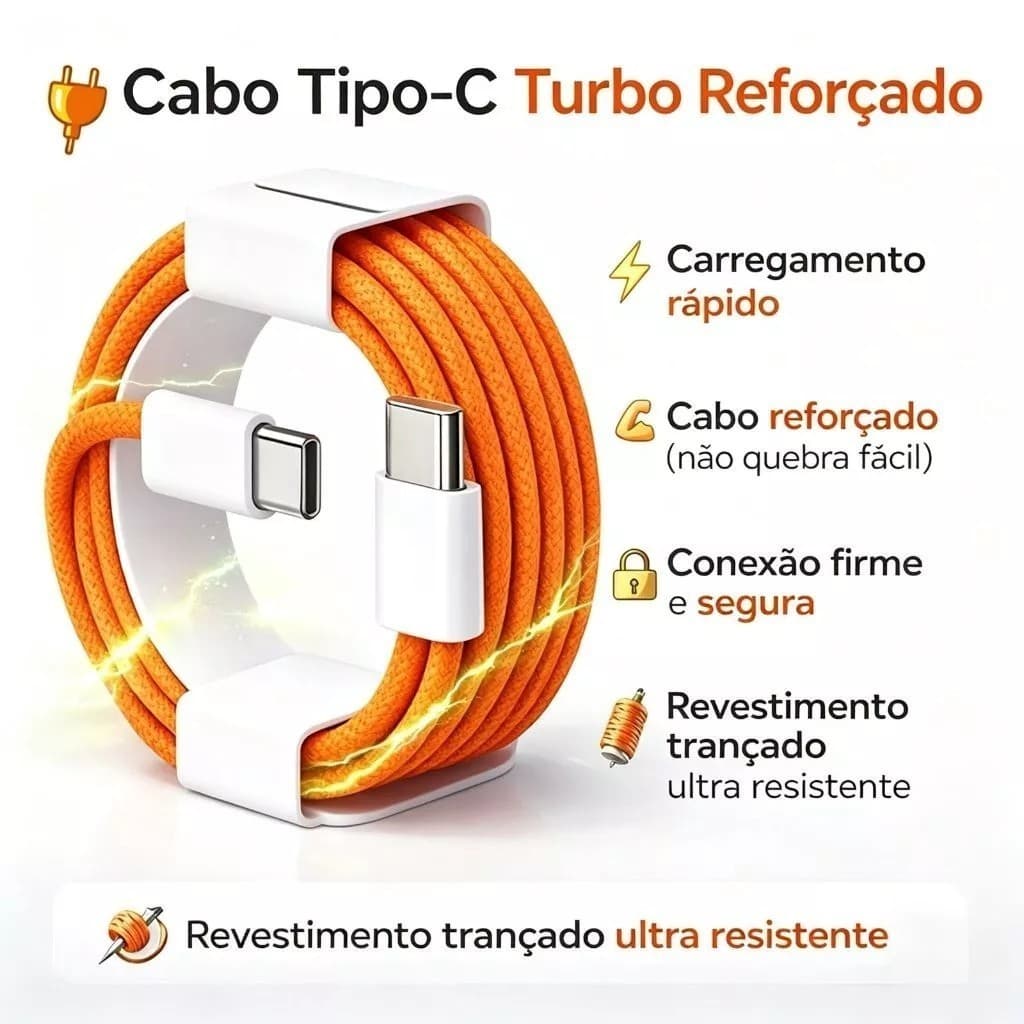 Arregador Turbo 40W Tipo-C + Cabo Reforçado Compatível 15/16/17 IPhone Carregamento Rápido celular