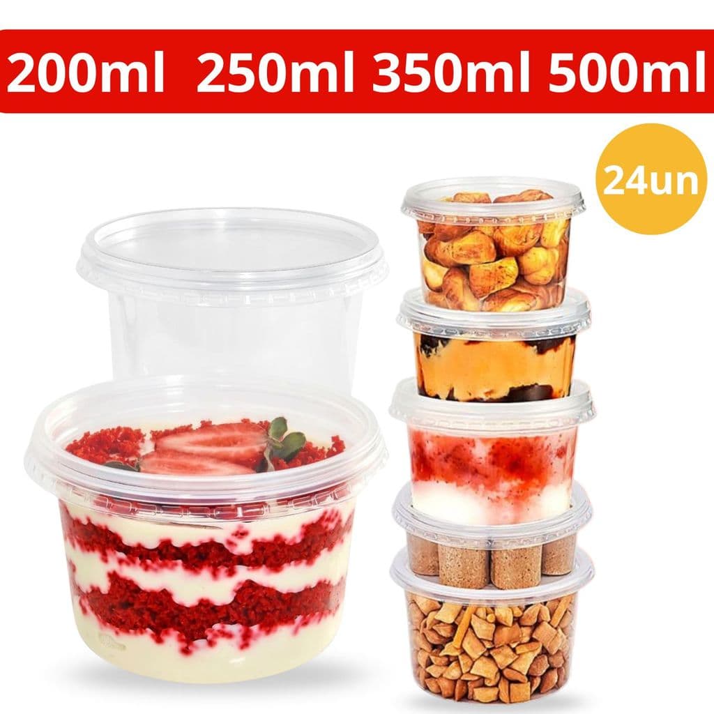 Pote Plástico Redondo Descartável C /Tampa 200 250 350 500 ml 24Un P/Bolo de Pote Açaí Marmita - Freezer Microondas