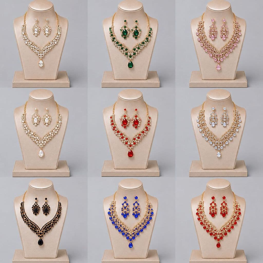 [B.Ling] Conjunto de joias de liga Vintage com strass, colar, brincos, conjunto de duas peças