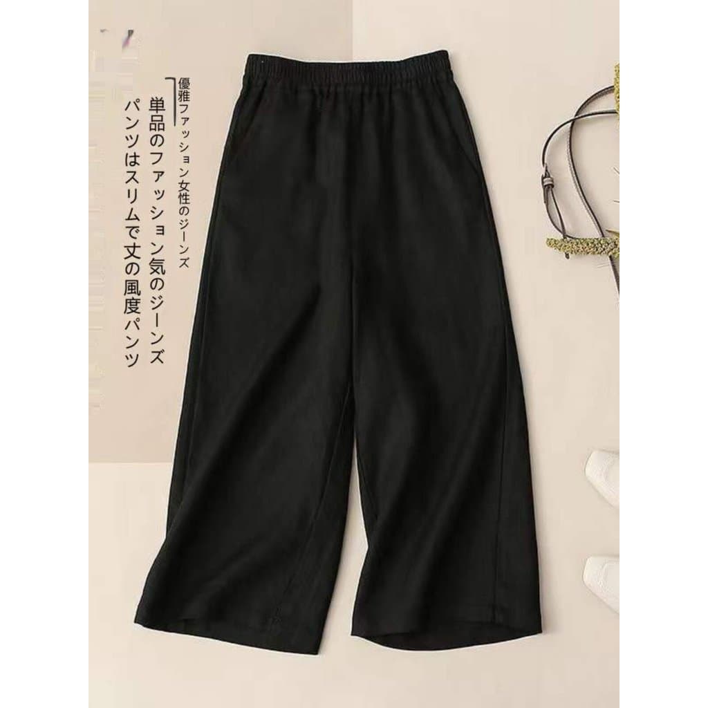 Calças de perna larga cortadas de linho puro feminino solto verão estilo fino pequeno Retro algodão linho calças de pern