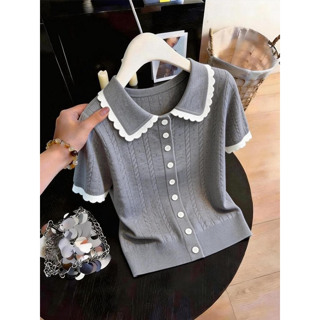 Solto mais magro olhar [40-100kg] gola de boneca pulôver de manga curta camiseta feminina verão moda redução de idade Al