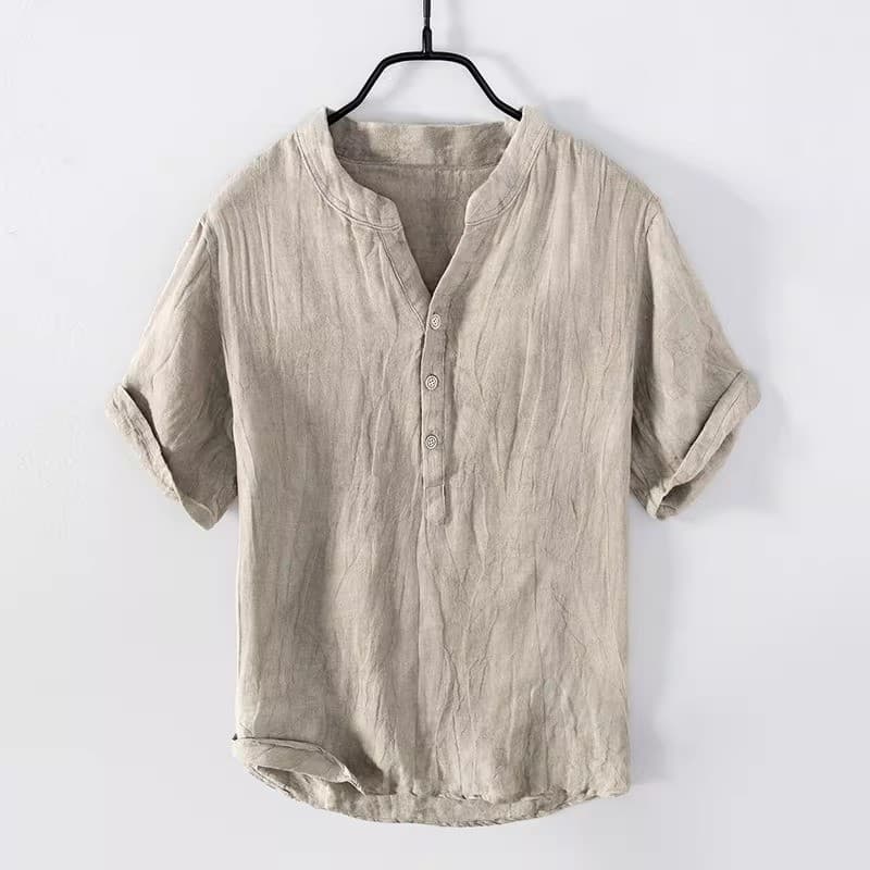 Verão japonês Retro masculino camisa enrugada solta confortável respirável gola alta pulôver imitação de linho T @-