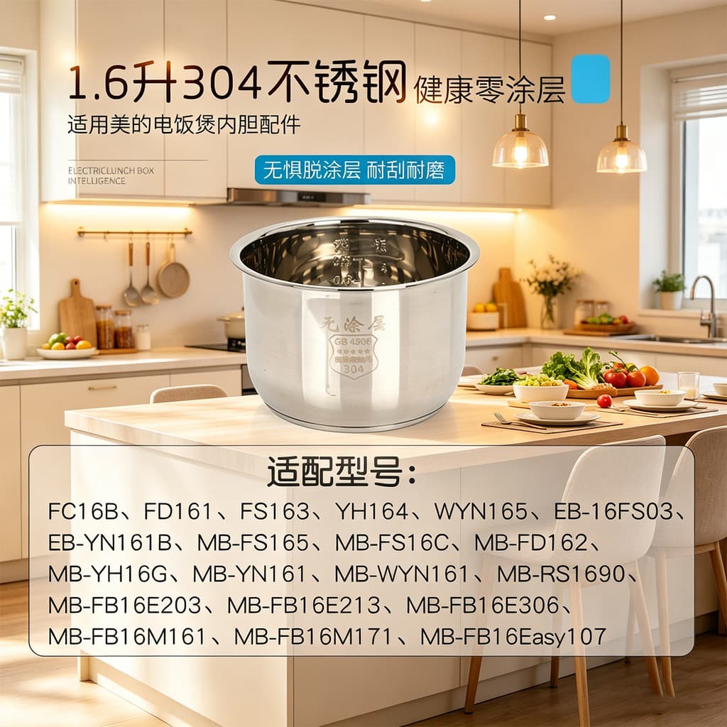 Adequado para forro de panela de arroz Midea 304 aço inoxidável 1.6L não revestido FB16M161/YN161/FS165