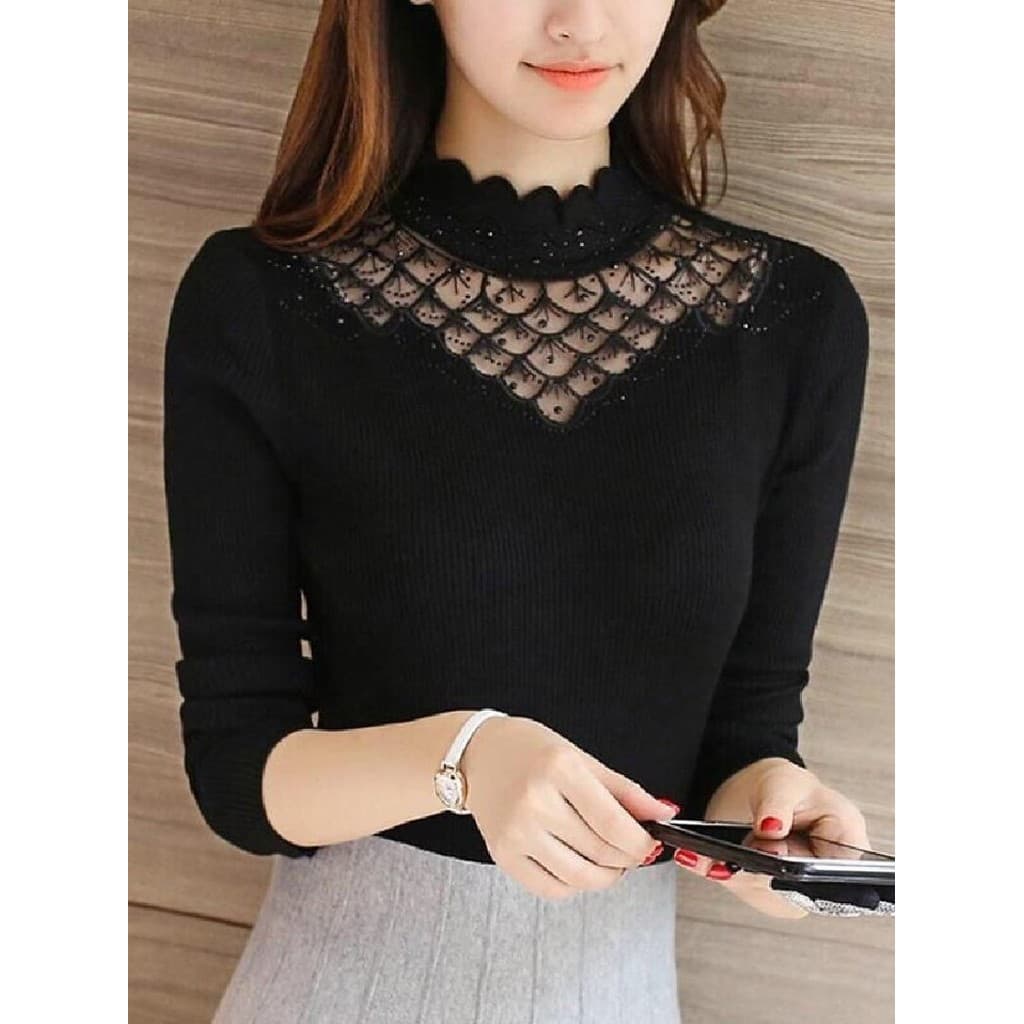 Versão coreana preto All-Match meia gola alta camisola renda camisa de fundo feminino chique gaze interior magro-