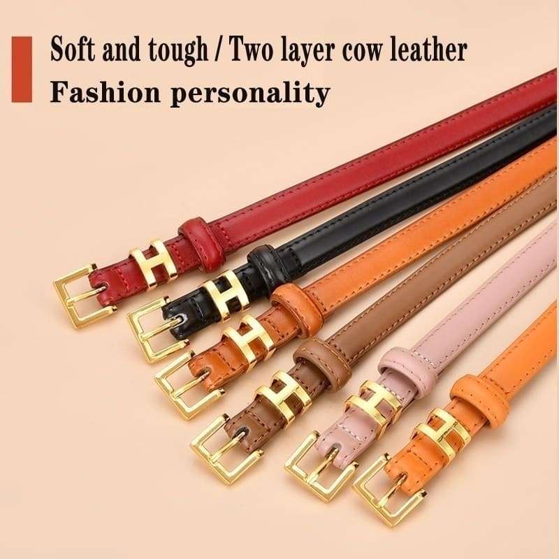 Cinto feminino de couro fino, cinto de vestido elegante e decorativo da H House, tiras genuínas. B10Z
