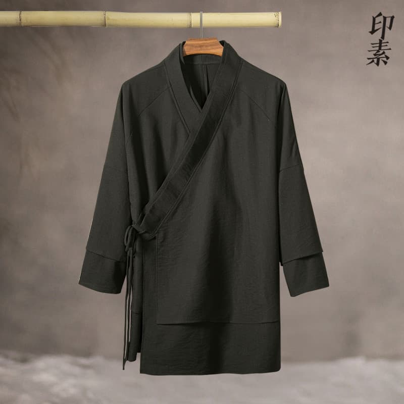 Outono estilo chinês taoísta Robe de comprimento médio Hanfu masculino topo Zen camada roupas antigo Ramie chá roupas ja