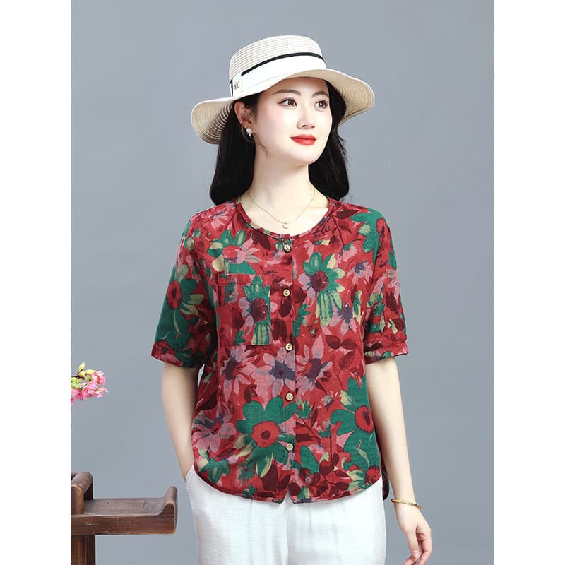 Estilo ocidental senhoras Retro impresso algodão linho camisa de manga curta feminina em torno do pescoço solto tamanho