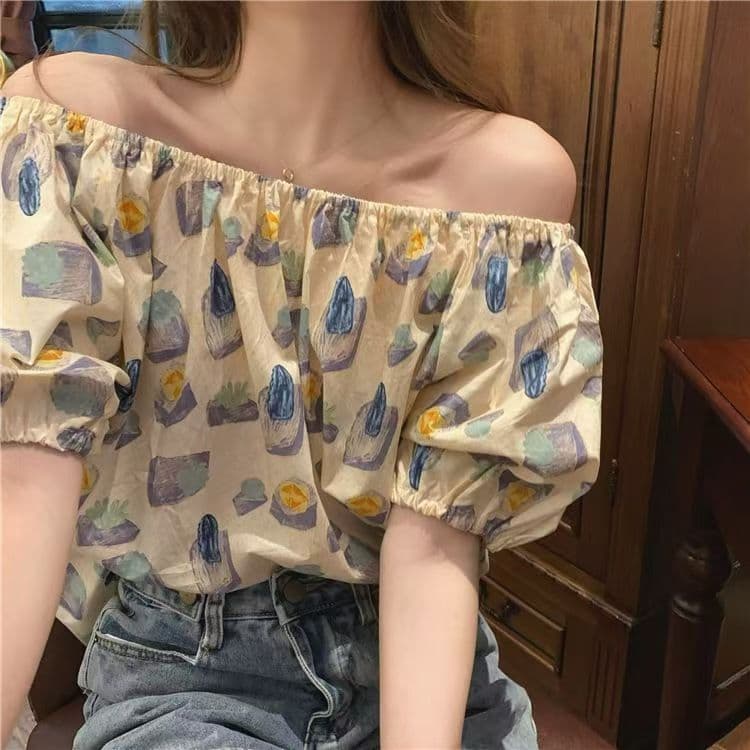 All-Match Nicho Estilo Ocidental Redutor de Idade Elástico Camiseta de Um Ombro All-Match Verão Top Floral de Manga Curt