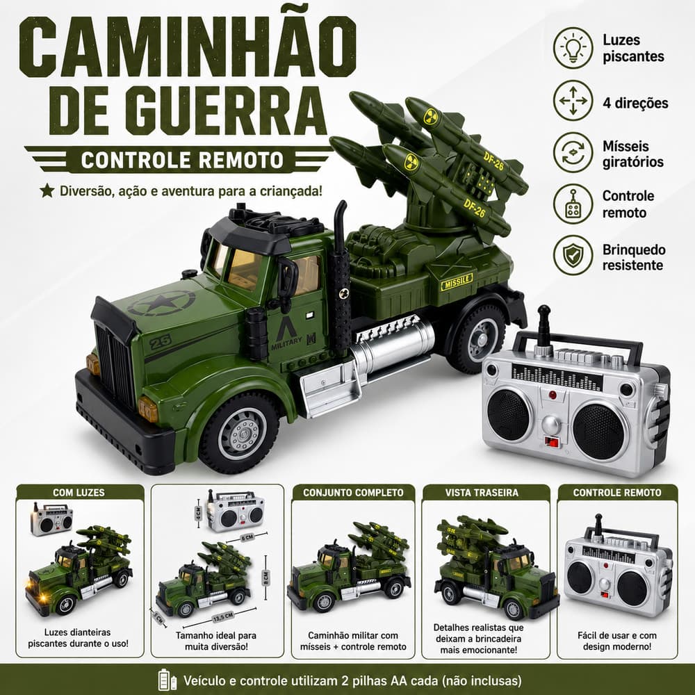 Caminhão de Guerra Controle Remoto Luzes Leds e Mísseis