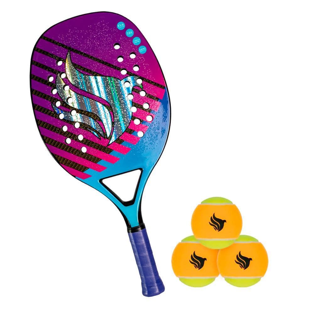 Kit Raquete de Beach Tennis Pichau Midnight Miami 18K Carbon 26 Furos + Kit Bolas de Beach Tennis Pichau