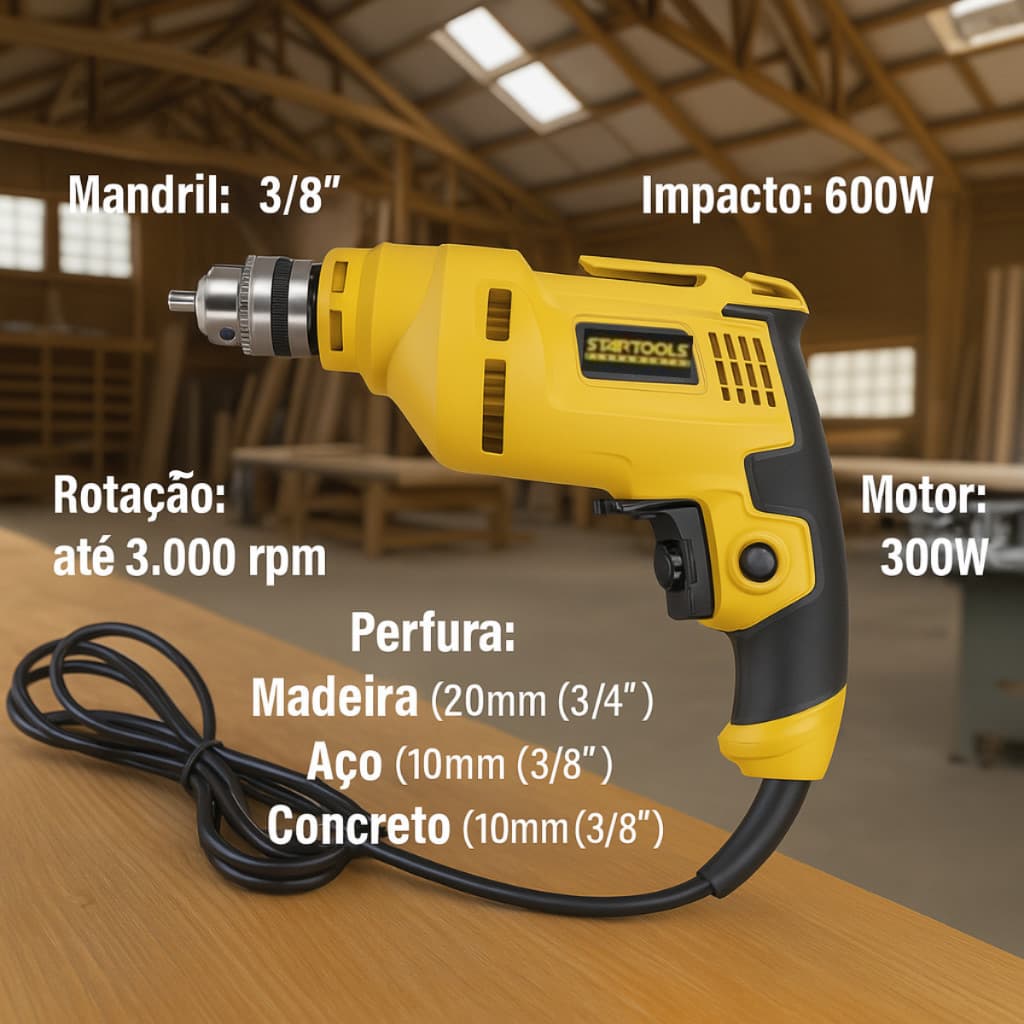 Furadeira com Brocas para Madeira, Metal e Concreto