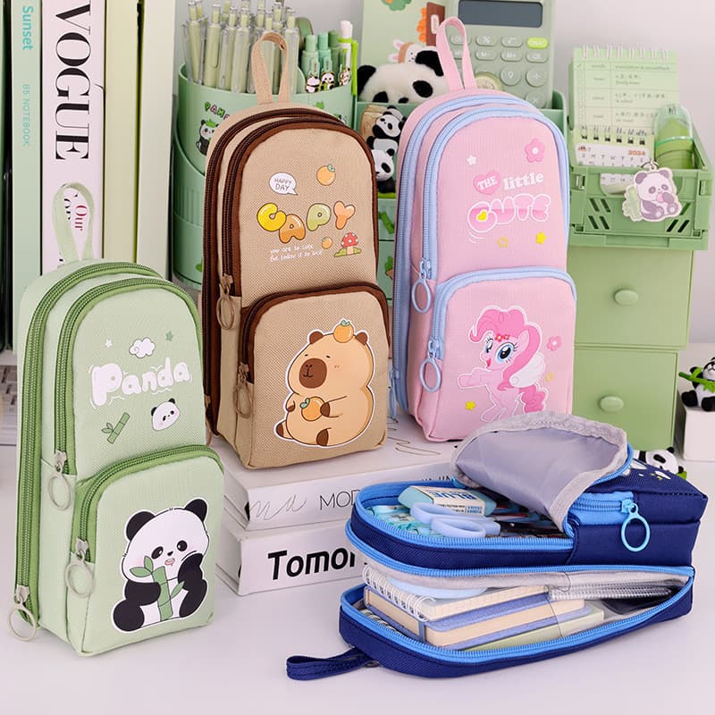 3 camadas de alta aparência pequena mochila Panda lápis caso multifuncional grande capacidade sujeira-Res