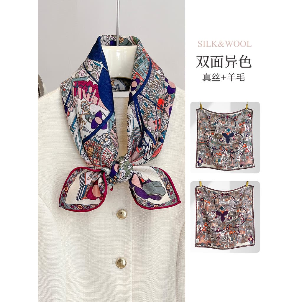 Lenço de seda de lã de seda feminino 2026 novo estilo primavera pequeno lenço quadrado leve luxo High-End pescoço proteç