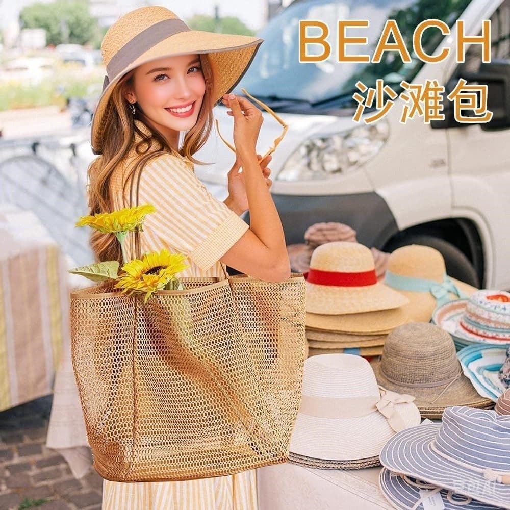 Frete grátis verão viagem ao ar livre malha gaze bolsa de ombro feminina bolsa de praia dobrável