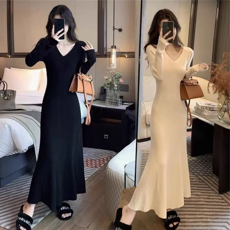High-End francês elegante vestido de malha outono inverno feminino novo estilo irmã real mais magro olhar fundo interno