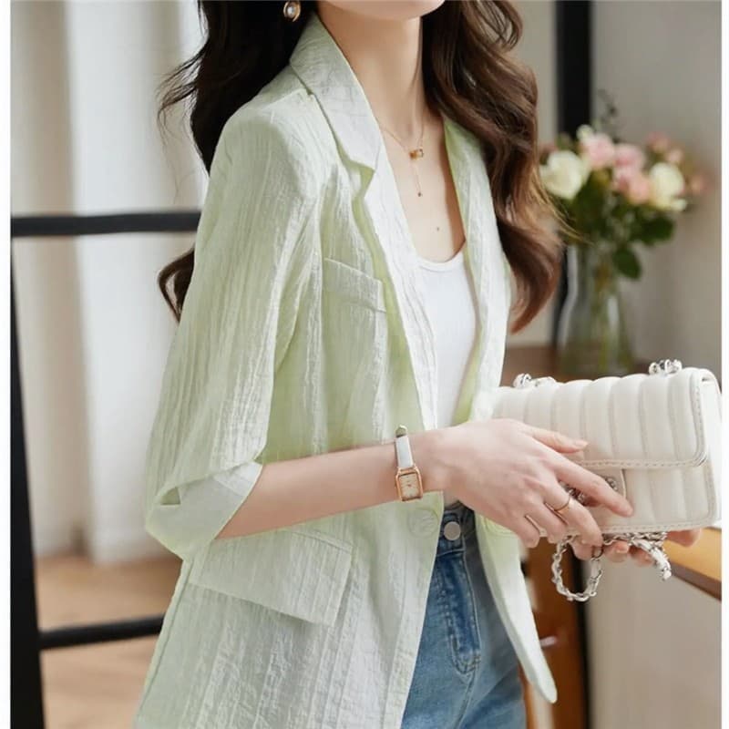 Cor sólida Chiffon meia manga Blazer feminino verão novo estilo moda Casual protetor solar roupas finas topo na moda