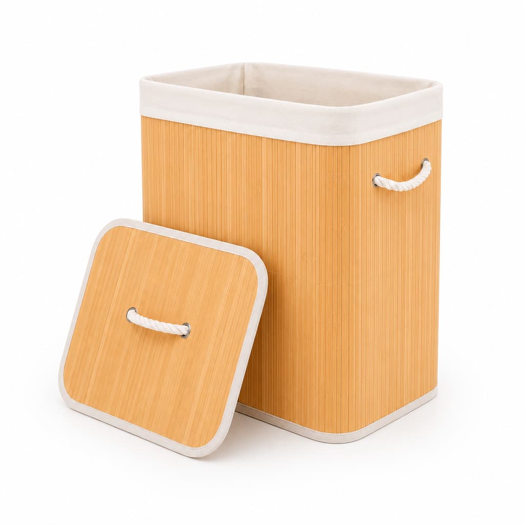 Cesto De Roupa Bambu 70L Com Tampa E Alças Organizador