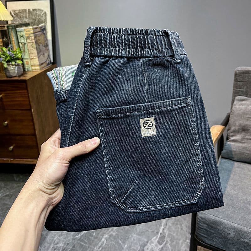 Calças de brim de verão masculinas em linha reta elástica cordão calças compridas cintura elástica Casual solto moda cal
