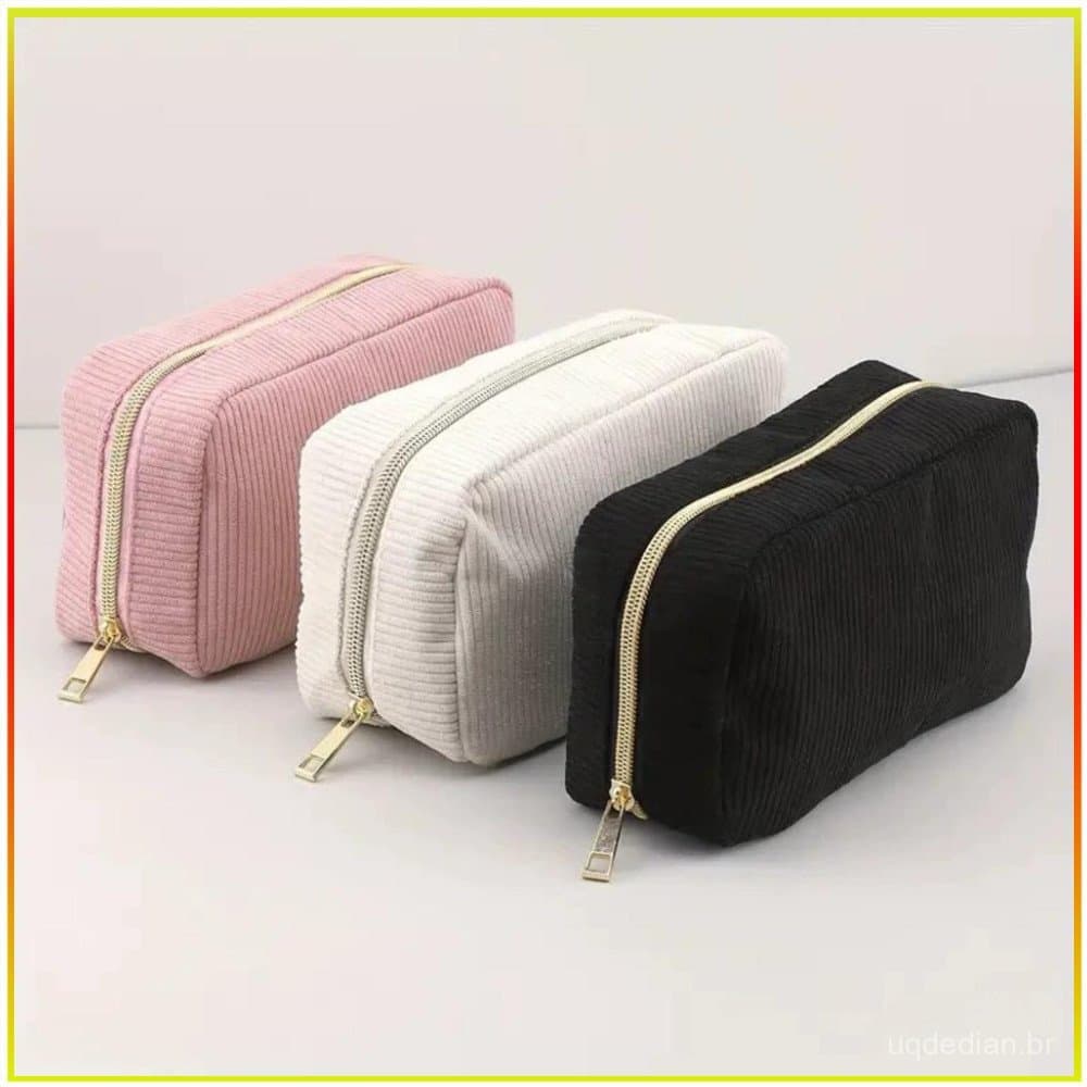 Bolsa de Maquiagem Feminina em Corduroy, Cor Sólida, Portátil para Viagem e Armazenamento de Produtos de Higiene Pessoal