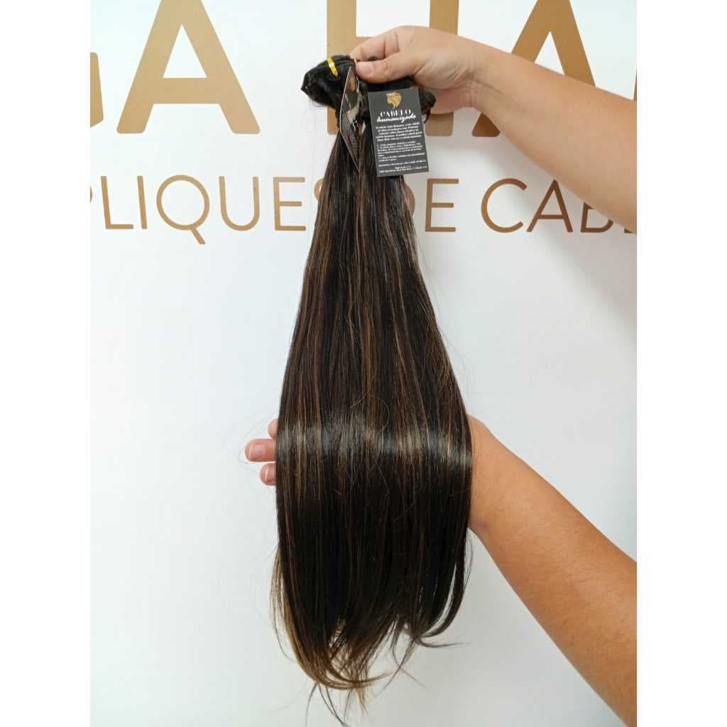 Cabelo Liso Semi Humano 50cm Morena Iluminada Fibra Russa na Tela Europeu Bella Hair