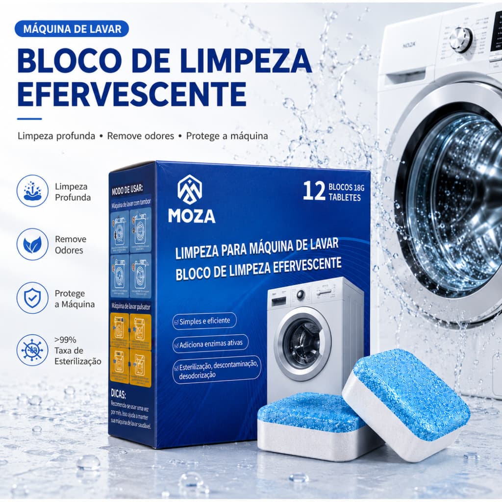Kit Pastilhas Limpa Máquina De Lavar Efervescente Limpeza Profunda Tira Odor Longa Duração