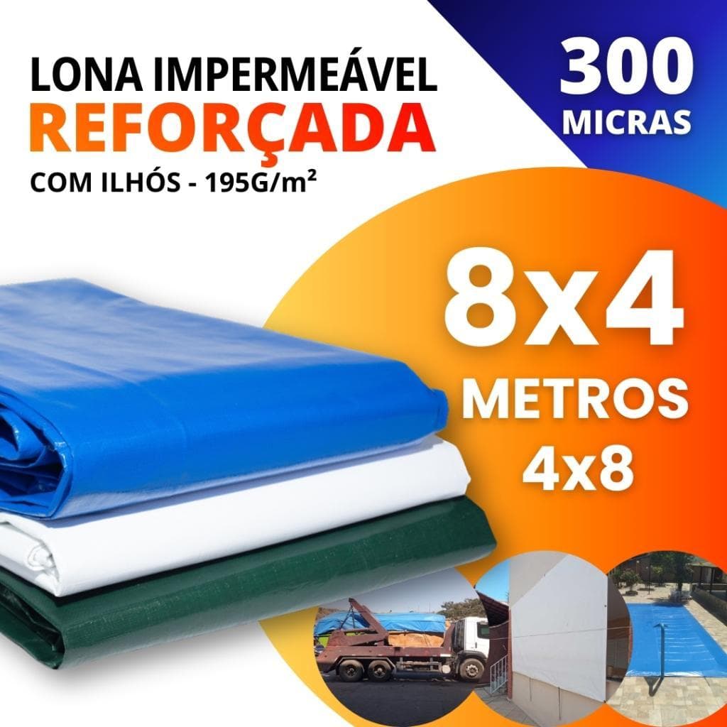 Lona Reforçada Impermeável 300 Micras 8x4 4x8 com Ilhós Multiuso Policarga (Diversas Cores)