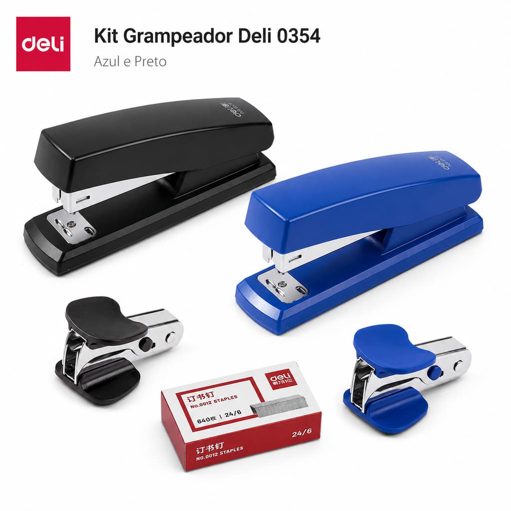 Kit Grampeador Deli 0354 com Extrator e Grampos 25 Folhas 24/6 e 26/6 Escritório Preto/Azul
