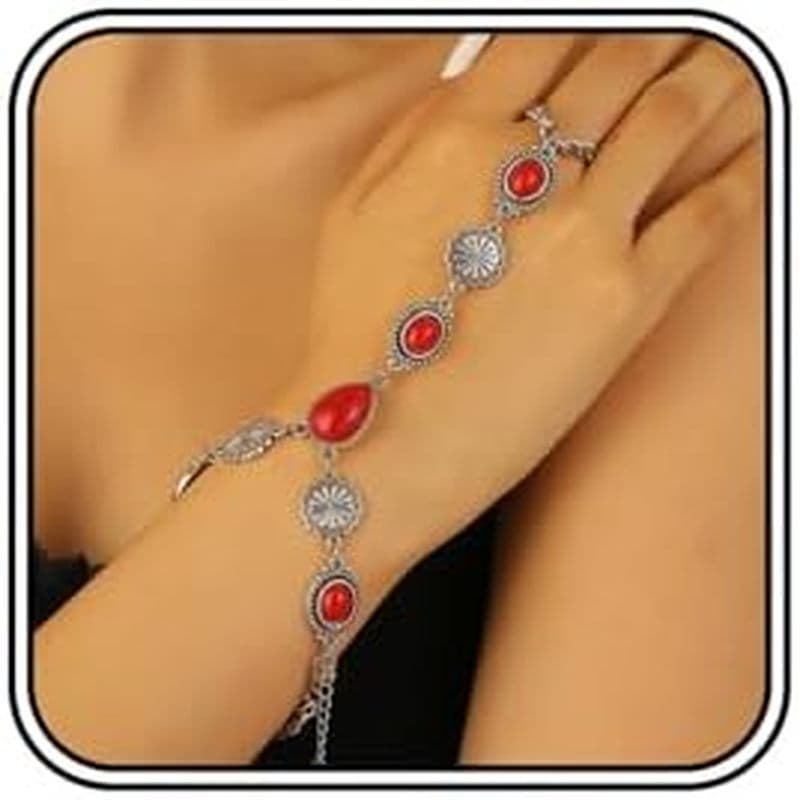 Pulseira Turquesa Boêmia Para Mulheres , Corrente De Prata Vintage Mão Boho Azul Grânulo Estilo Ocidental Anel De Pulso