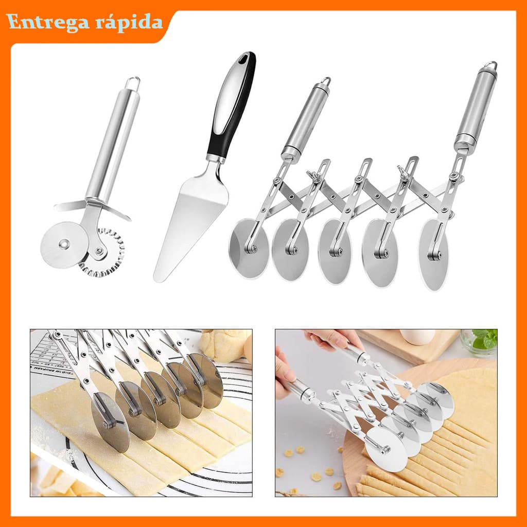 3 Peças Cortador de pizza 5 rodas multifuncional aço inoxidável massa para bolo multirredondo com espaçamento ajustável