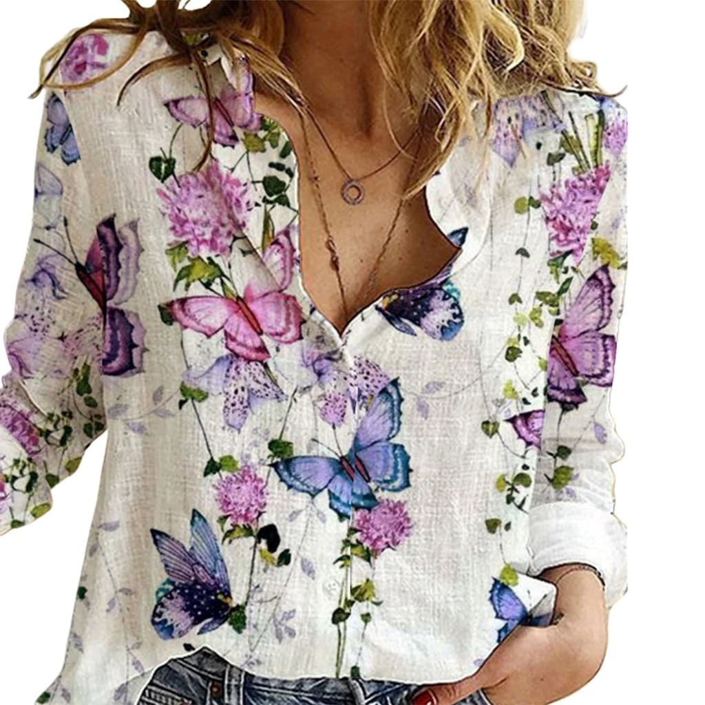 Camisa Feminina Floral de Manga Longa com Gola Única e Botões, Adequada para Uso na Primavera e no Verão P89B