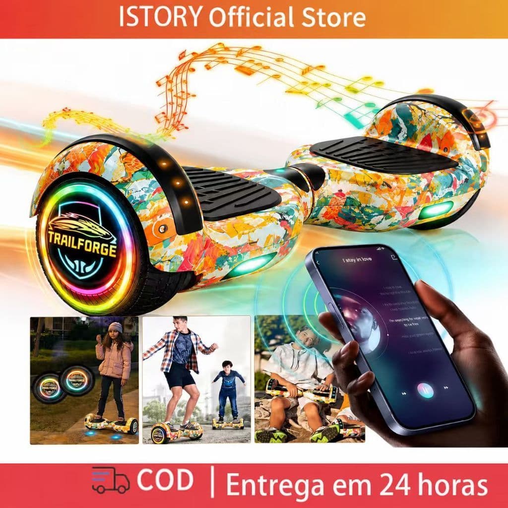 Hoverboard Elétrico 6.5 Polegadas Bluetooth Luz LED Estrelada Roxo Com Kit Acessórios