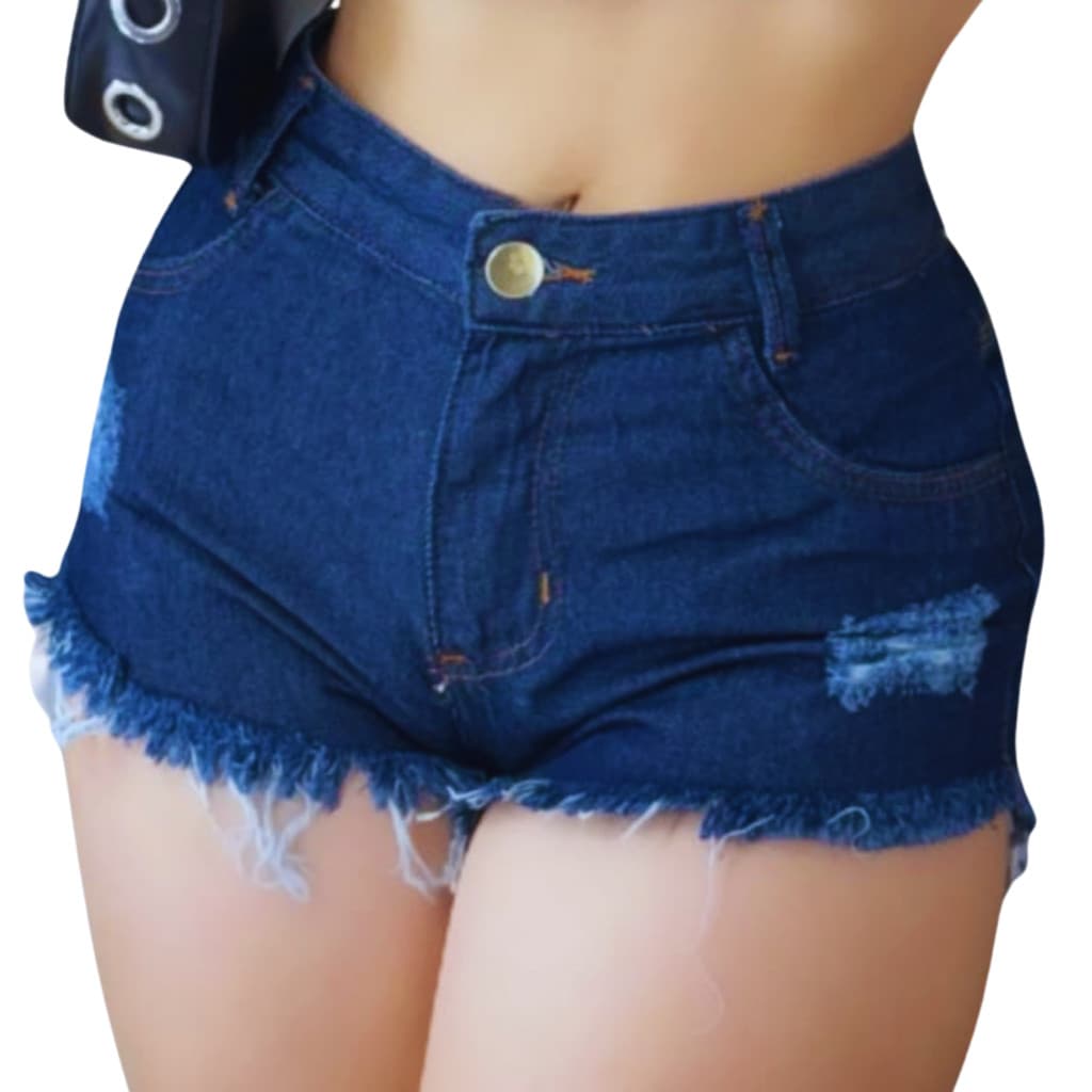 Short Jeans Feminino Azul Escuro Curto Barra Desfiada  ModaZ