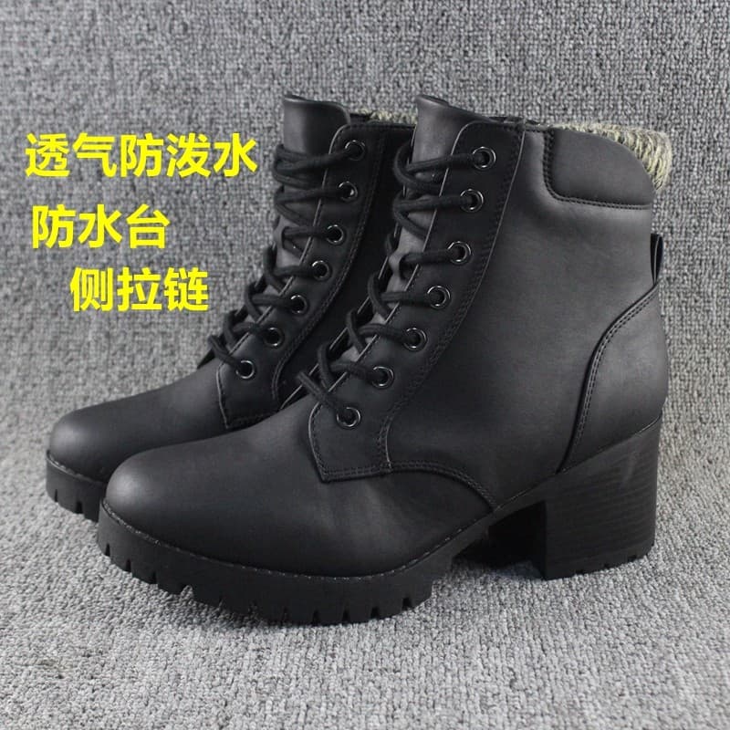 Primavera outono estilo britânico Martin botas femininas preto meados de tubo de salto alto único botas zíper lateral pl