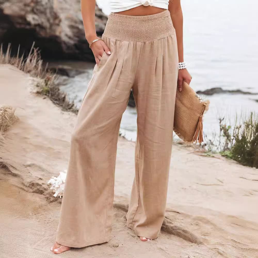 Calça Feminina casual Versátil Algodão-Linho Cor Sólida Cintura Elástica Perna Larga