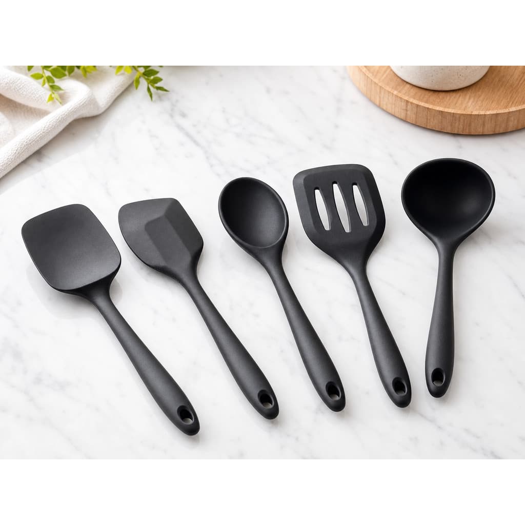Kit Utensílios Silicone Colher Concha Espátulas Preta 5pcs