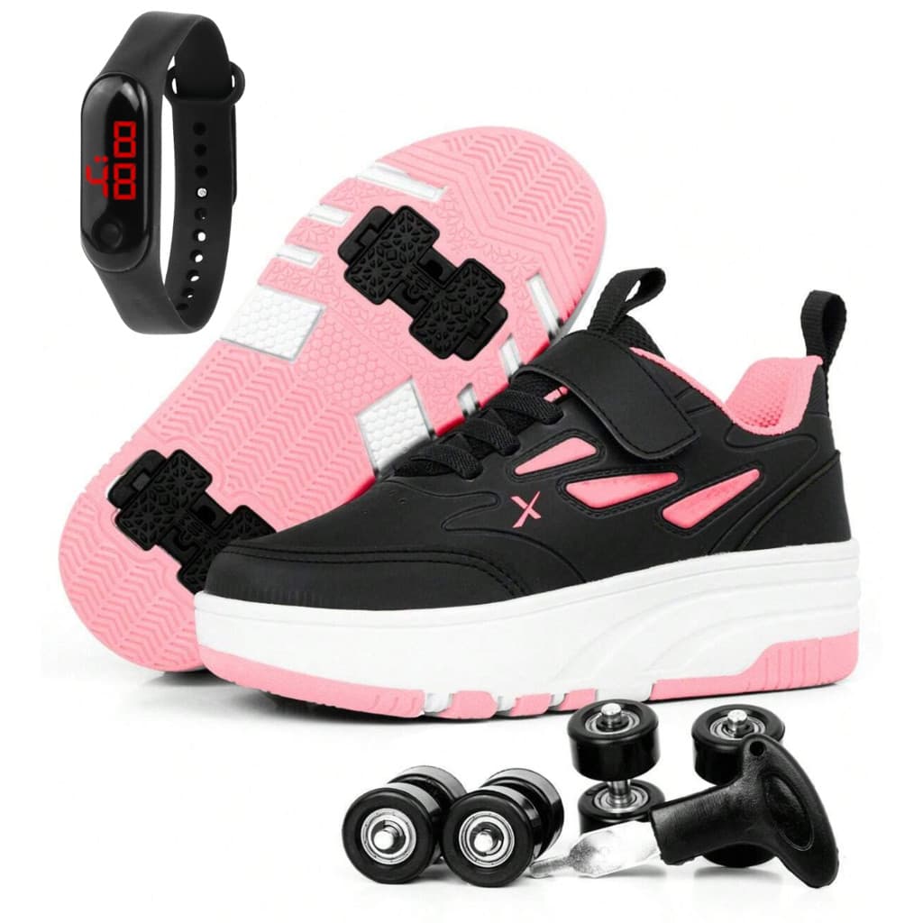 Tênis Skatênis Infantil Casual Divertido Rodinha Retiravel + Relógio Digital Slim