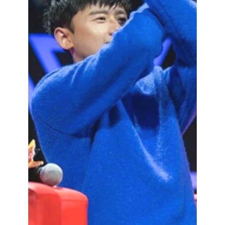 Suéter masculino de fio girado com núcleo estilo celebridade Zhang Jie, gola redonda, azul, manga comprida, blusa de mal