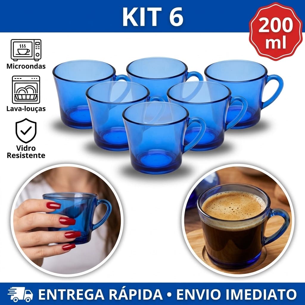 KIT JOGO de 6 XICARA CHA CAFE VIDRO AZUL 200 ML MOD SINO SEM PIRES XICARAS OCEANO