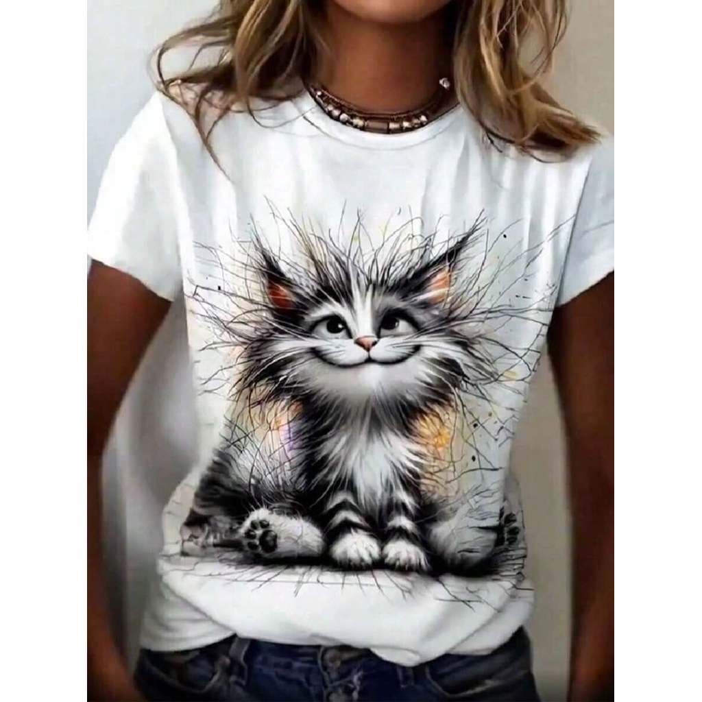 Camiseta Feminina De Gola Redonda Estampada De Gato, Moda T-shirt Feminina com Estampa de Gatinho Fofo, Camiseta Casual