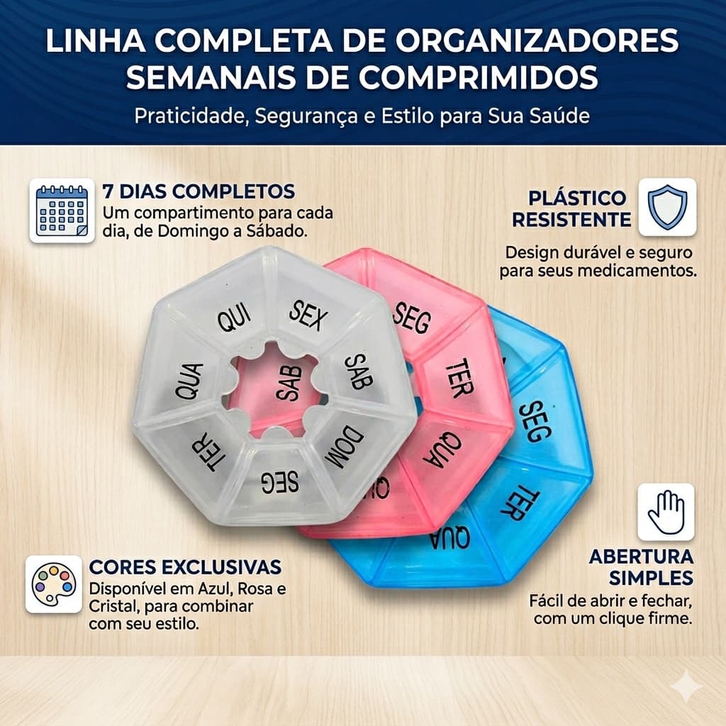 Porta Comprimido com 07 divisórias heptagonal - Organizador de Remédio e Suplemento