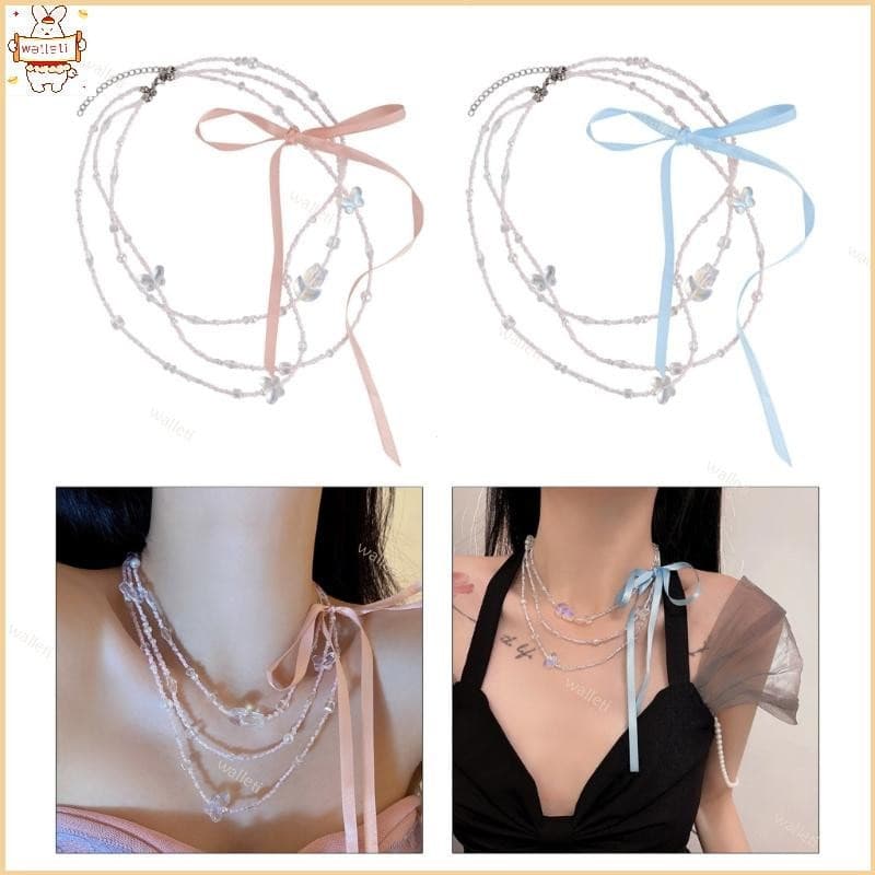 Frisado Bowknot Triplo Camada Colar Contas Fio Neckalce