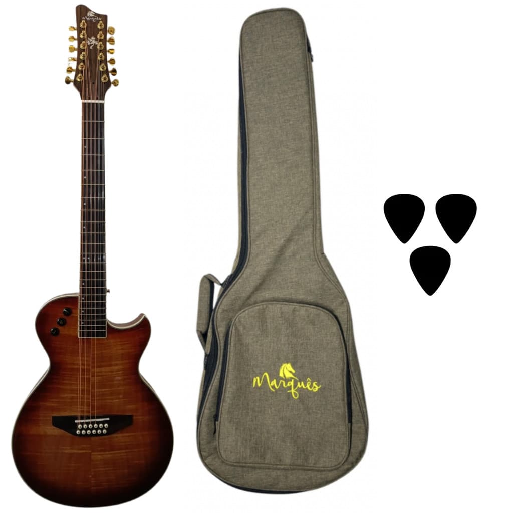 Kit Violão de Aço 12 Cordas Elétrico Flat Marquês Palhetas