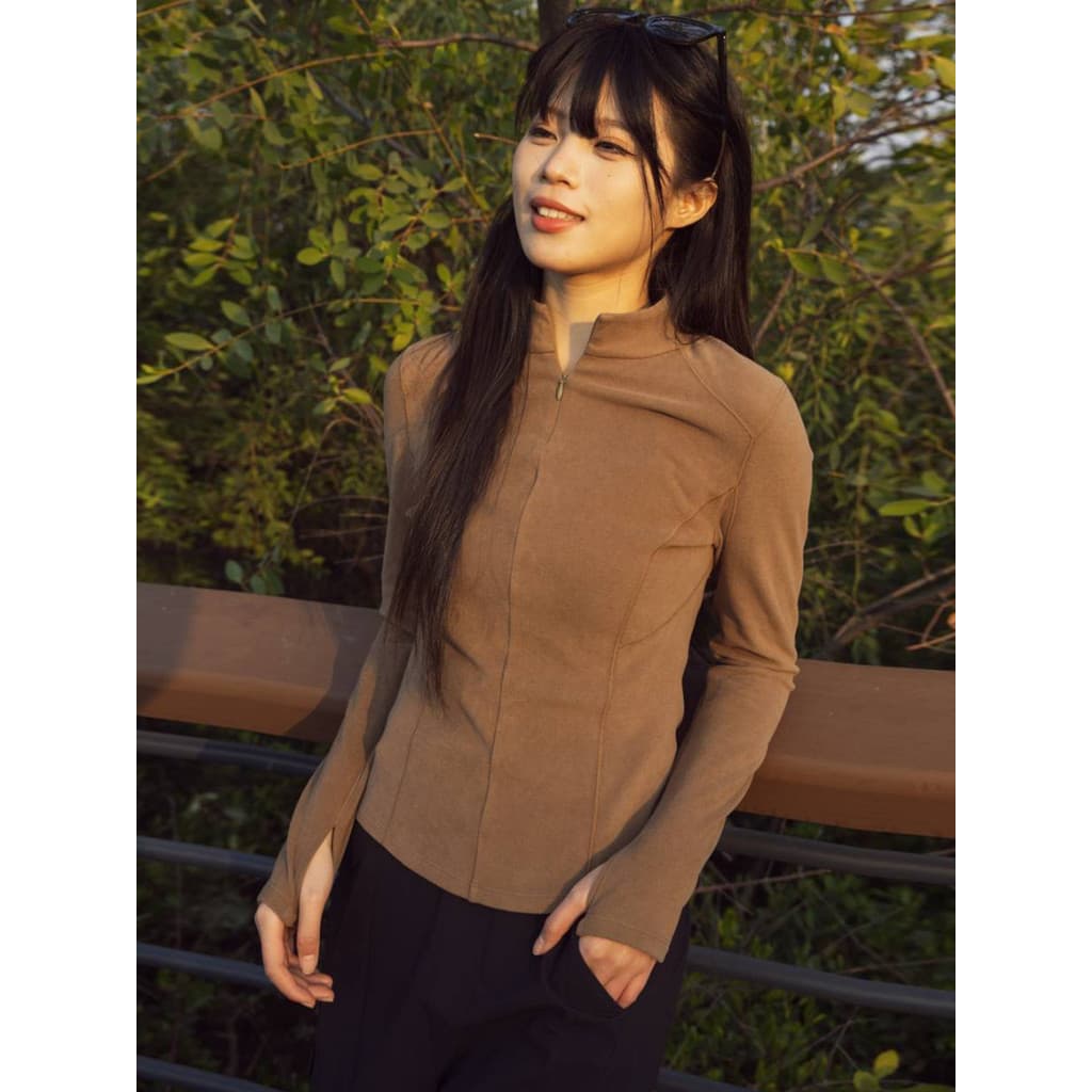 Site Oficial 199!Yang Mi Mesmo Estilo Meio Zíper Slim-fit Camisa Feminina Interior Out All-Match Alemão Vel